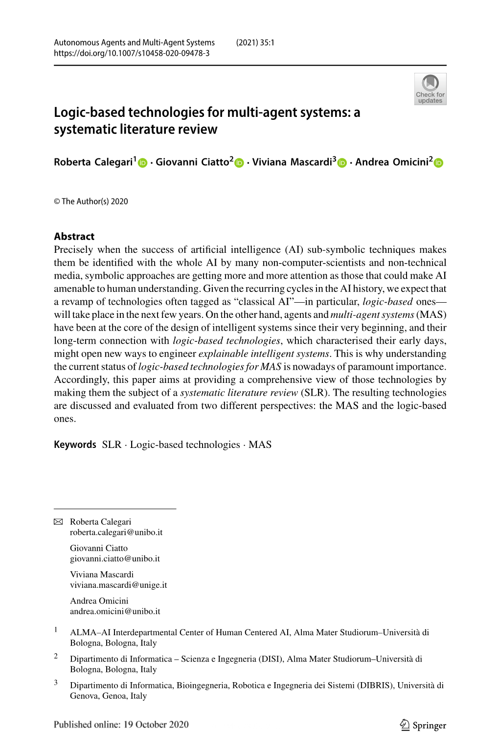 Logic-Based Technologies for Multi-Agent Systems: a Systematic Literature Review