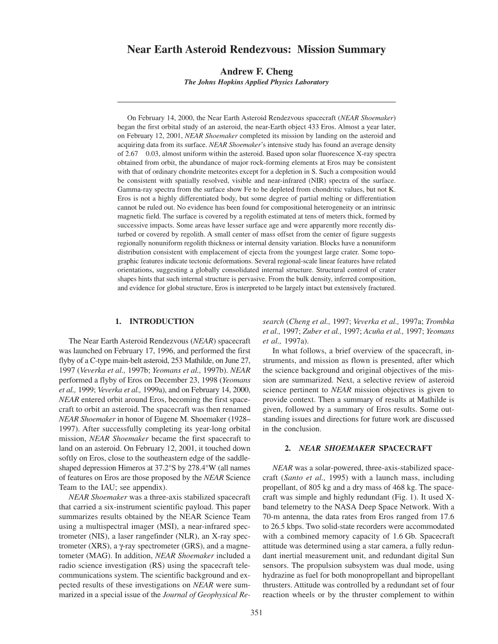 Near Earth Asteroid Rendezvous: Mission Summary 351