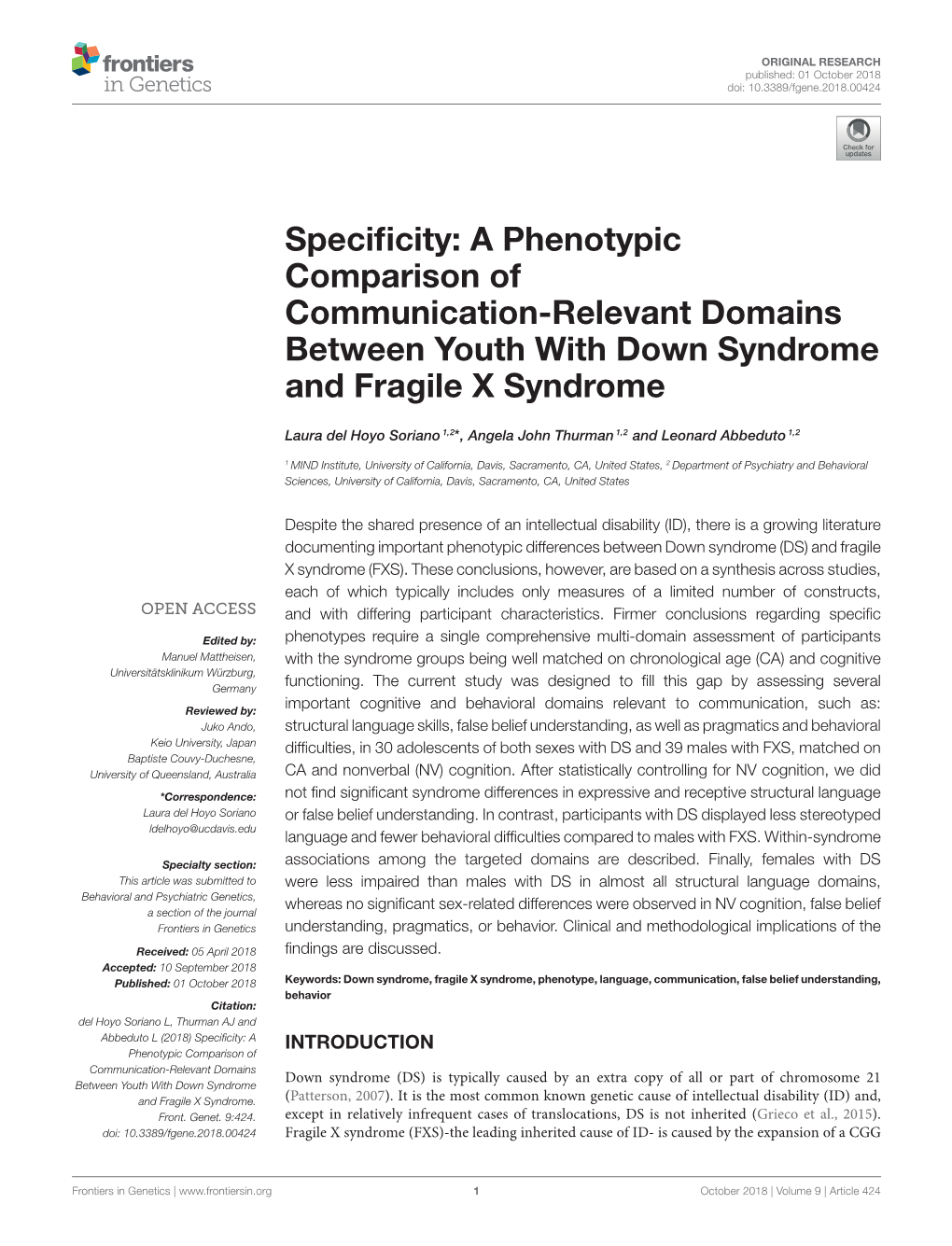 A Phenotypic Comparison of Communication-Relevant Domains Between Youth with Down Syndrome and Fragile X Syndrome