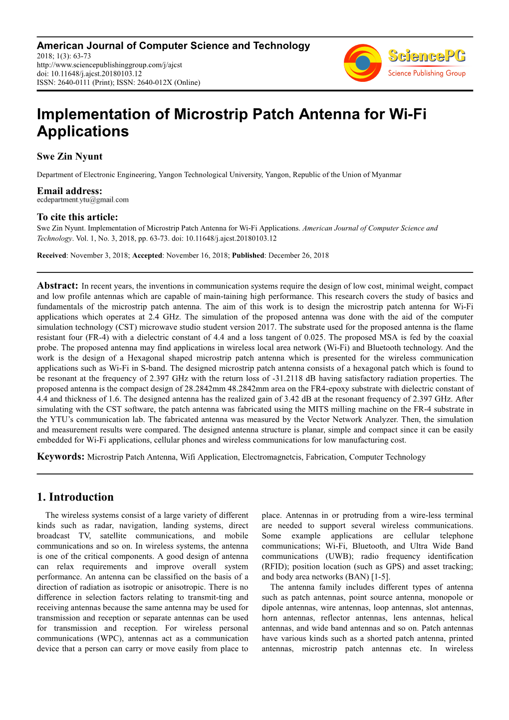 Implementation of Microstrip Patch Antenna for Wi-Fi Applications