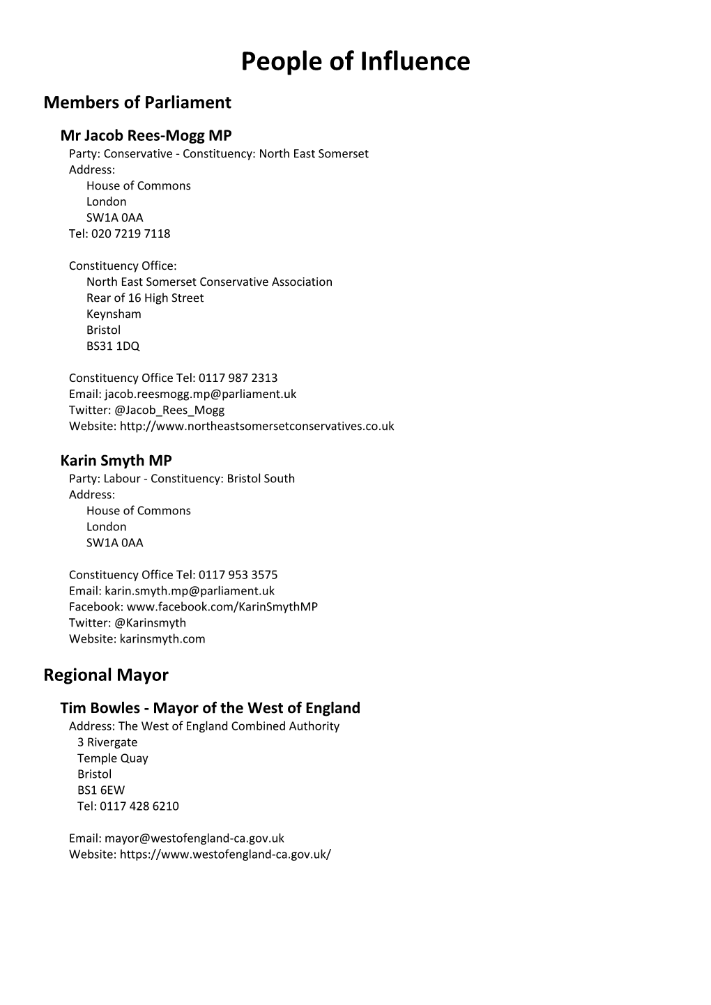 People of Influence Bath and North East Somerset Council