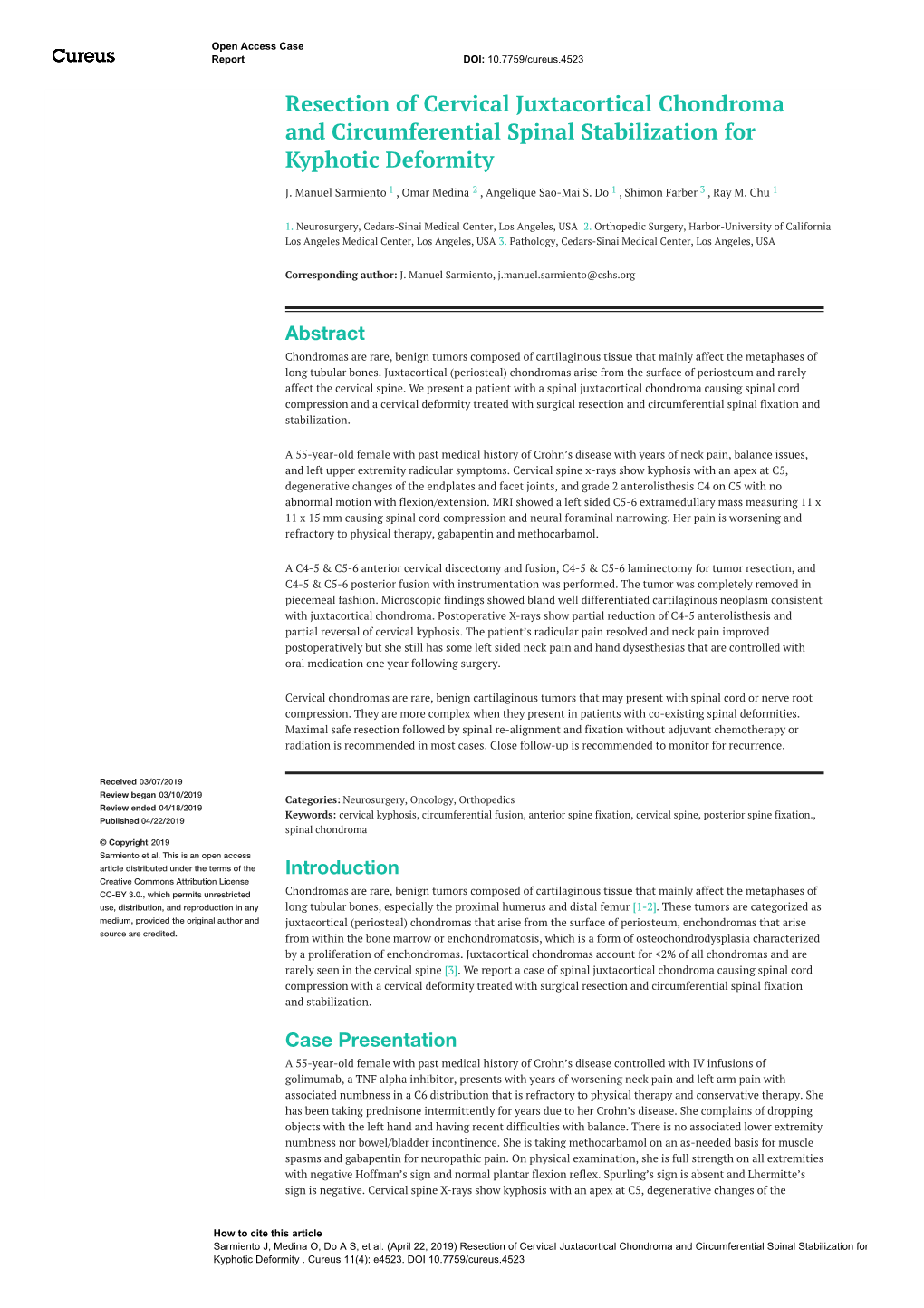 Resection of Cervical Juxtacortical Chondroma and Circumferential Spinal Stabilization for Kyphotic Deformity