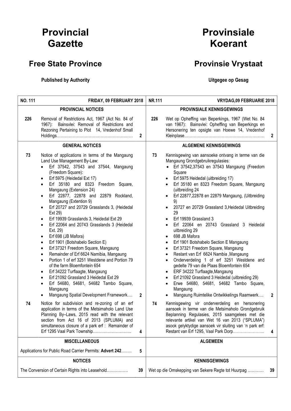 Provincial Gazette Provinsiale Koerant