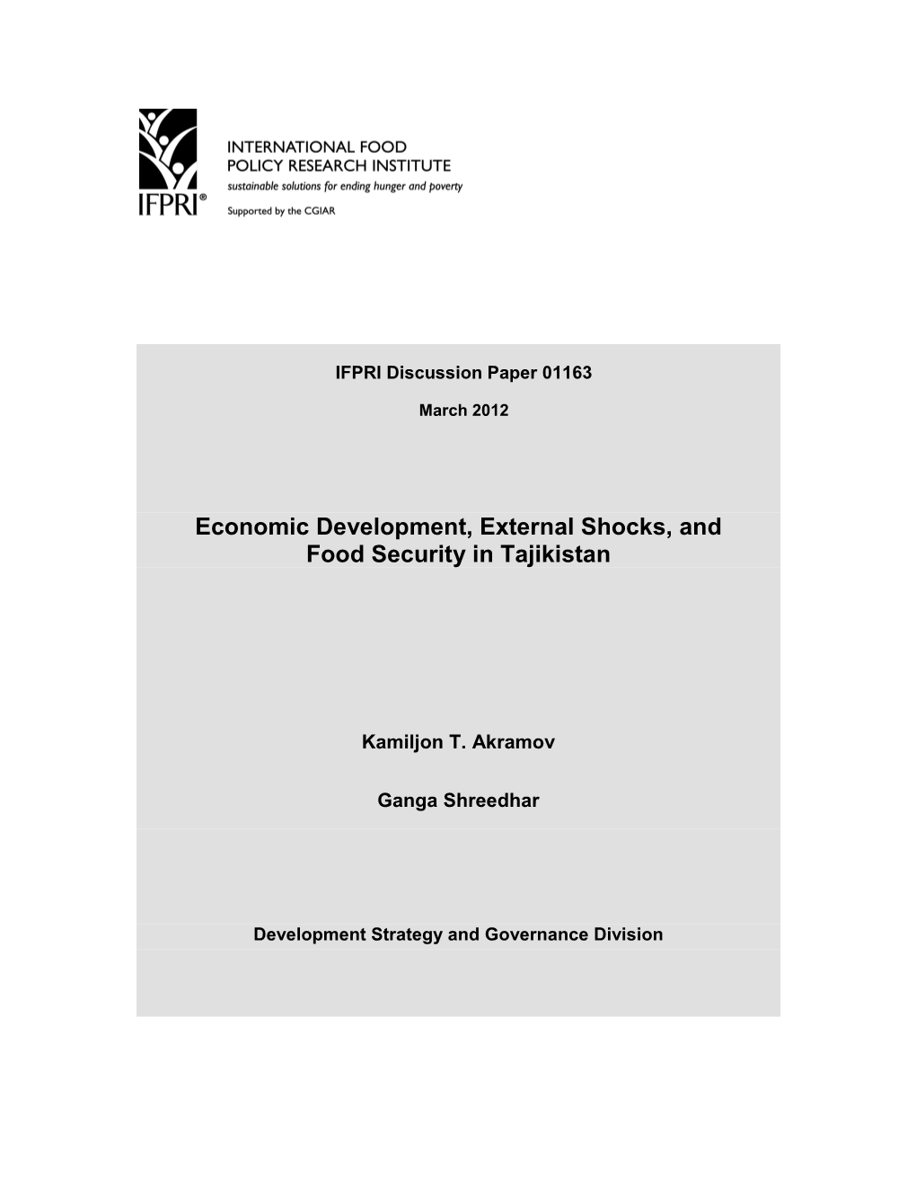 Economic Development, External Shocks, and Food Security in Tajikistan
