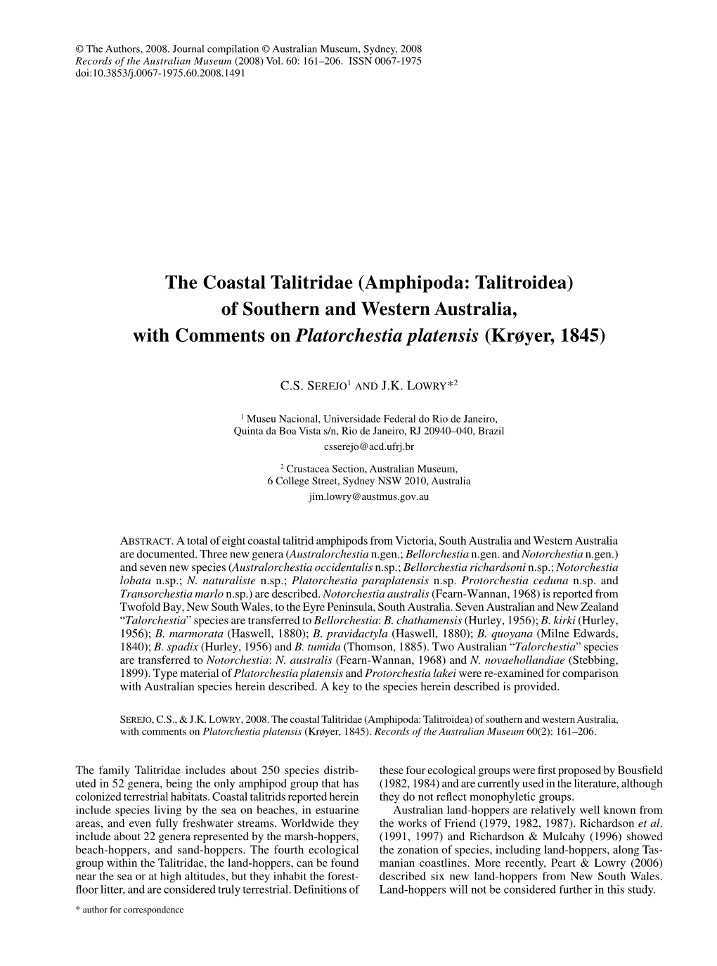 The Coastal Talitridae (Amphipoda: Talitroidea) of Southern and Western Australia, with Comments on Platorchestia Platensis (Krøyer, 1845)