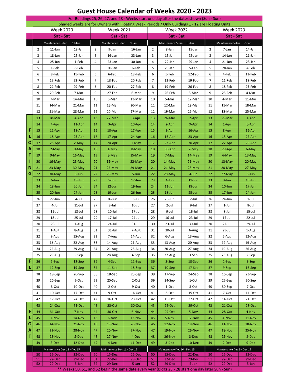 Guest House Calendar of Weeks 2020