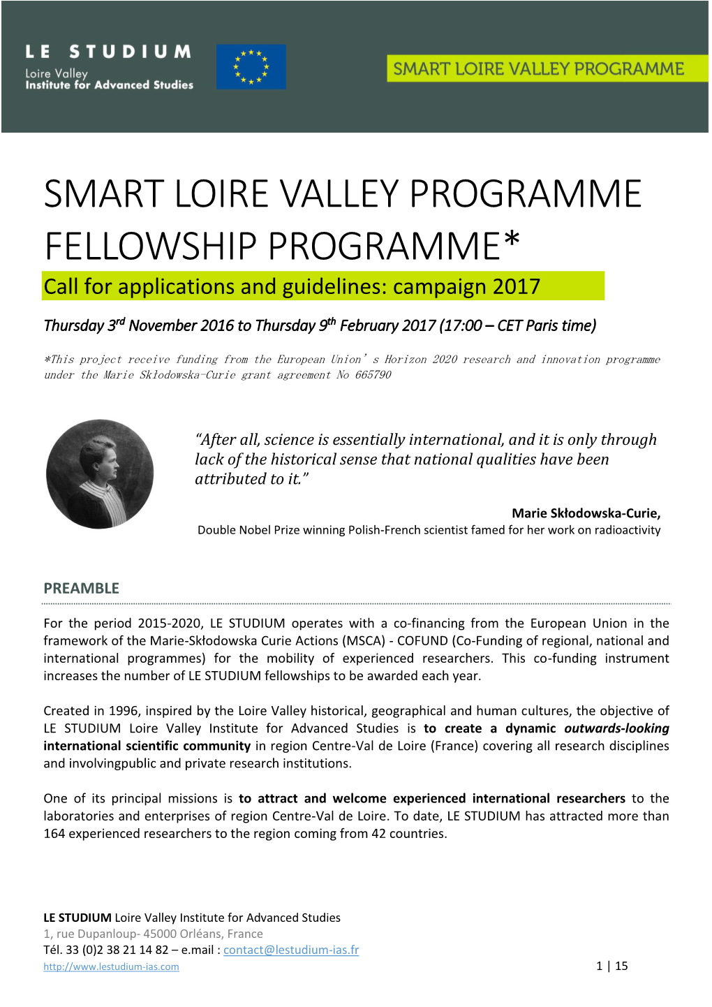 SMART LOIRE VALLEY PROGRAMME FELLOWSHIP PROGRAMME* Call for Applications and Guidelines: Campaign 2017