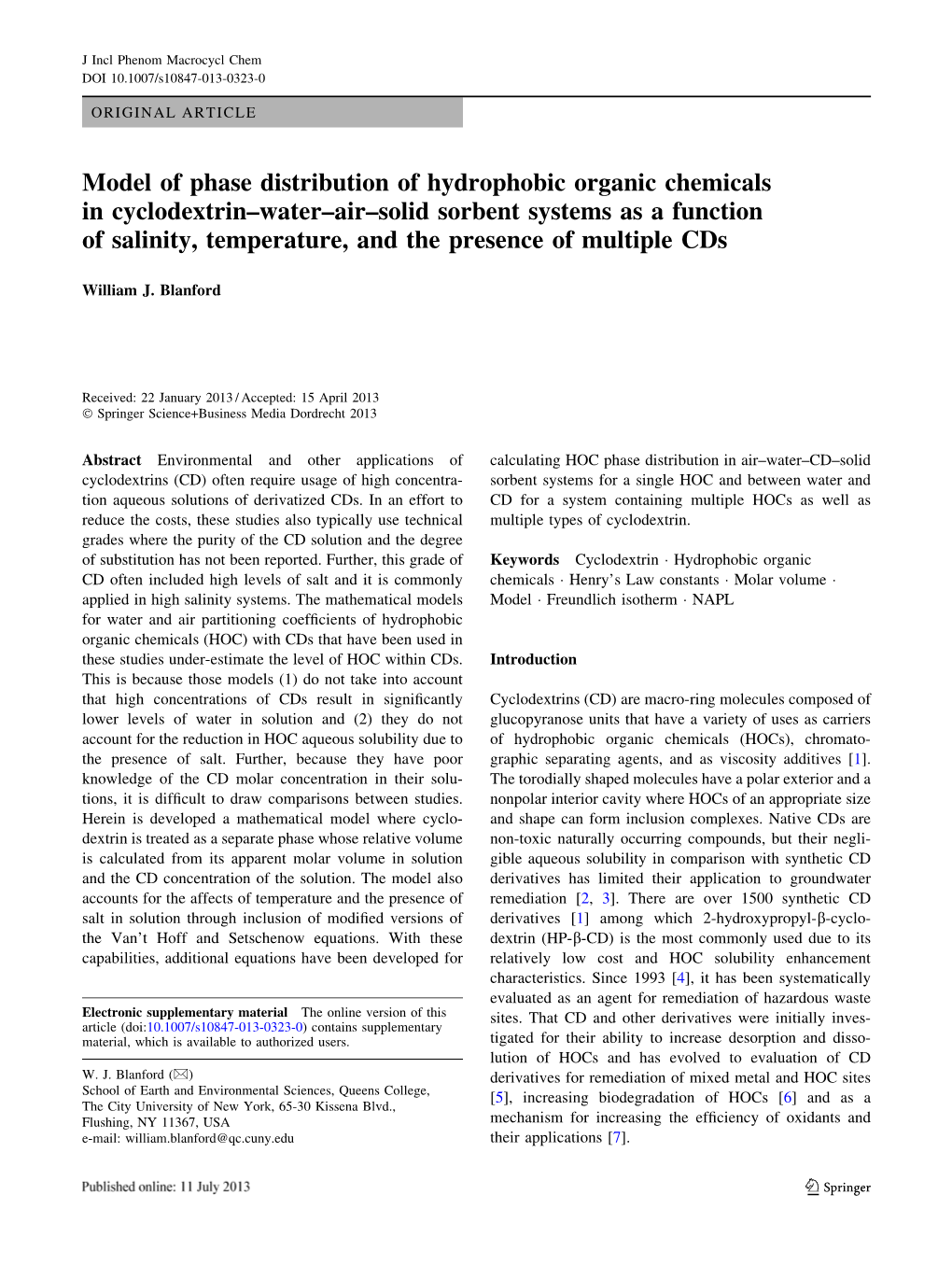 Model of Phase Distribution of Hydrophobic Organic Chemicals In