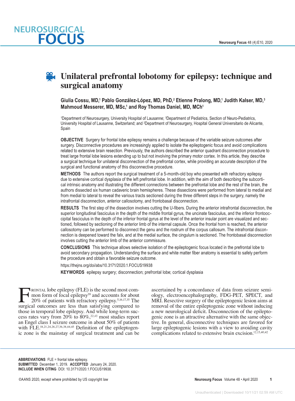 Unilateral Prefrontal Lobotomy for Epilepsy: Technique and Surgical Anatomy