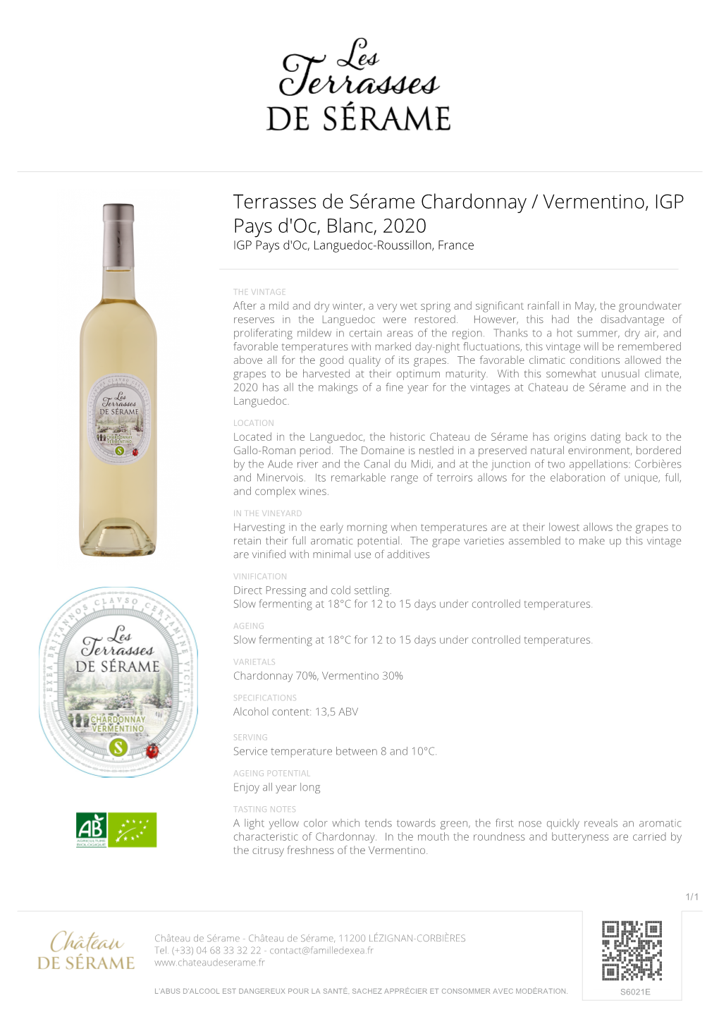 Terrasses De Sérame Chardonnay / Vermentino, IGP Pays D'oc, Blanc, 2020 IGP Pays D'oc, Languedoc-Roussillon, France