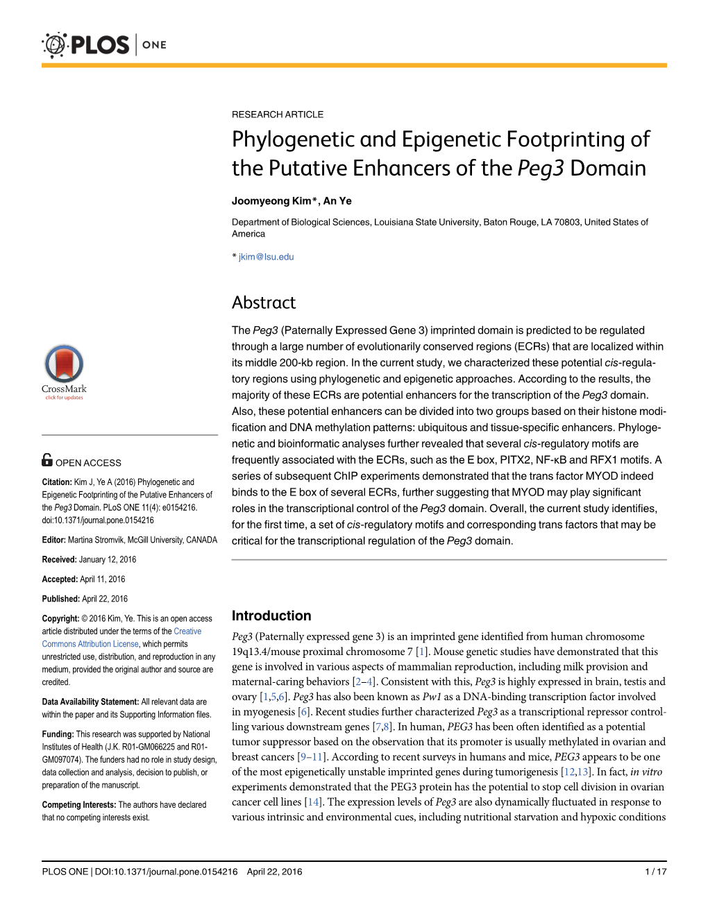 Phylogenetic and Epigenetic Footprinting of the Putative Enhancers of the Peg3 Domain