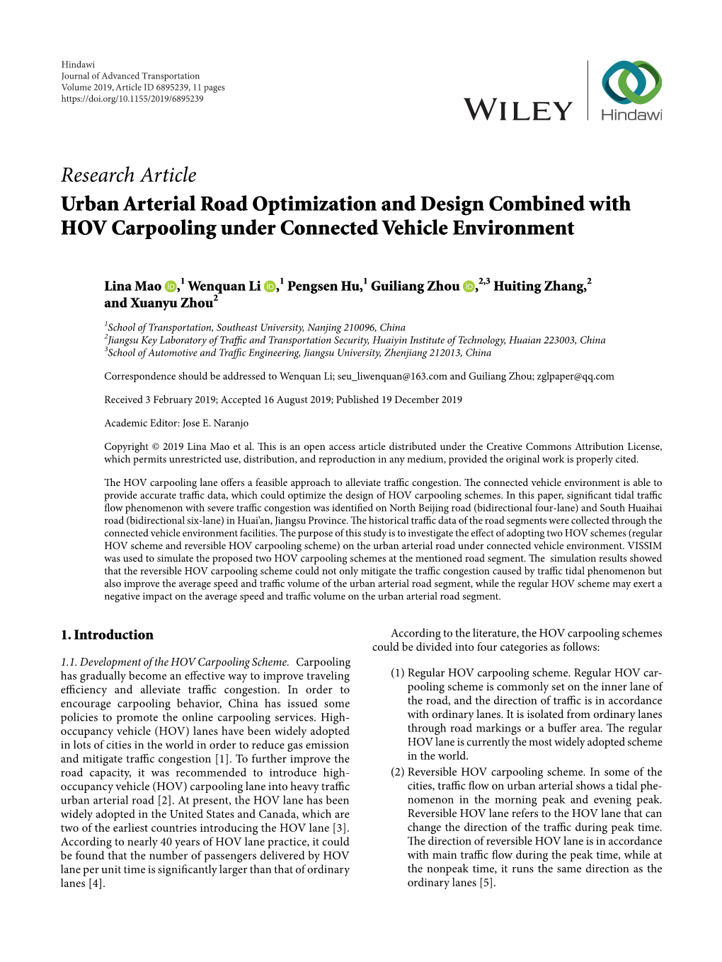 Urban Arterial Road Optimization and Design Combined with HOV Carpooling Under Connected Vehicle Environment