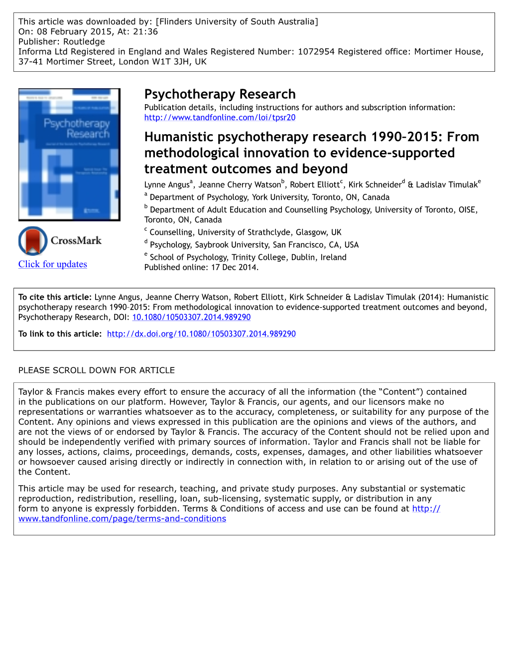 Humanistic Psychotherapy Research 1990–2015: from Methodological