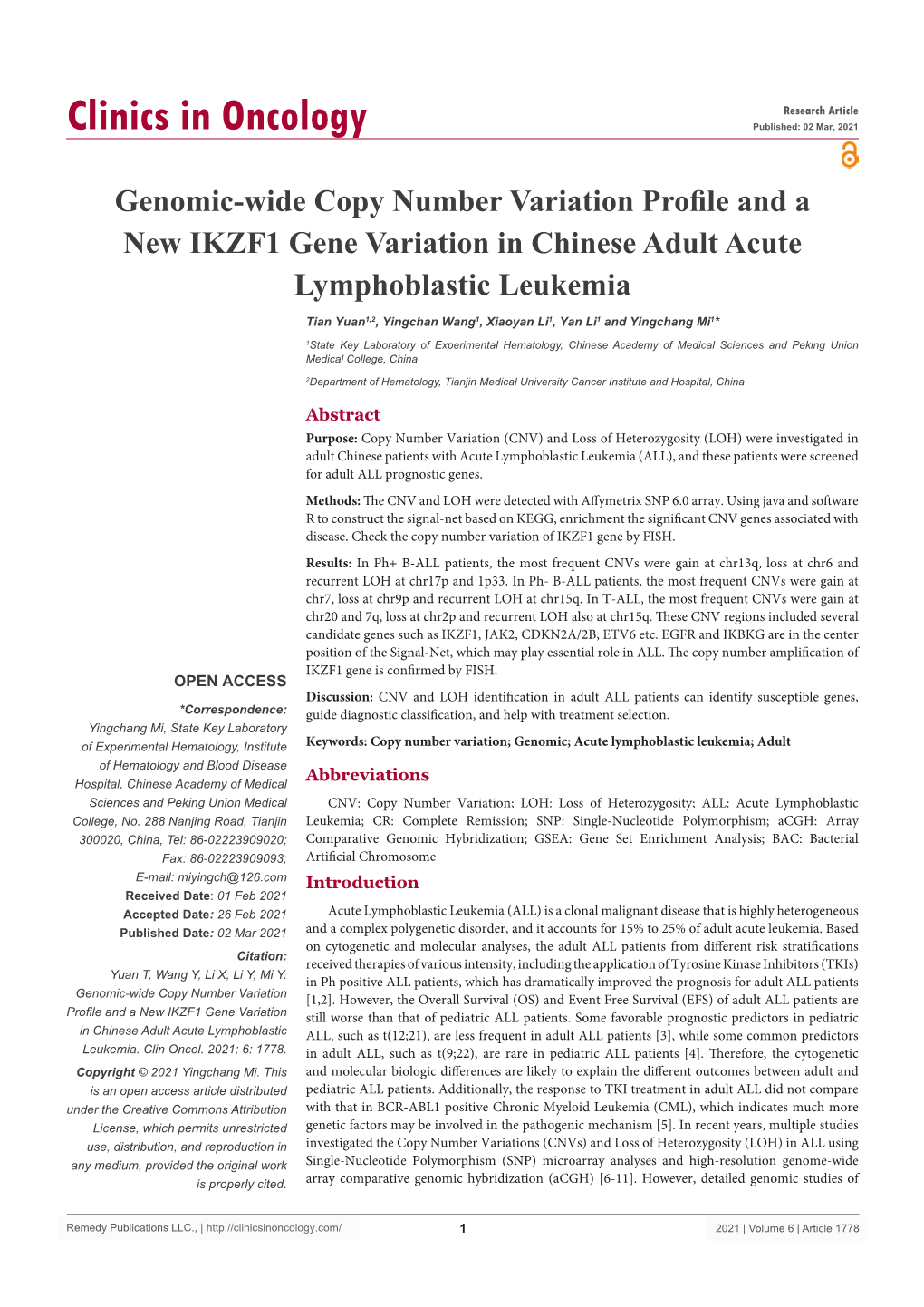 Genomic-Wide Copy Number Variation Profile and a New IKZF1 Gene Variation in Chinese Adult Acute Lymphoblastic Leukemia