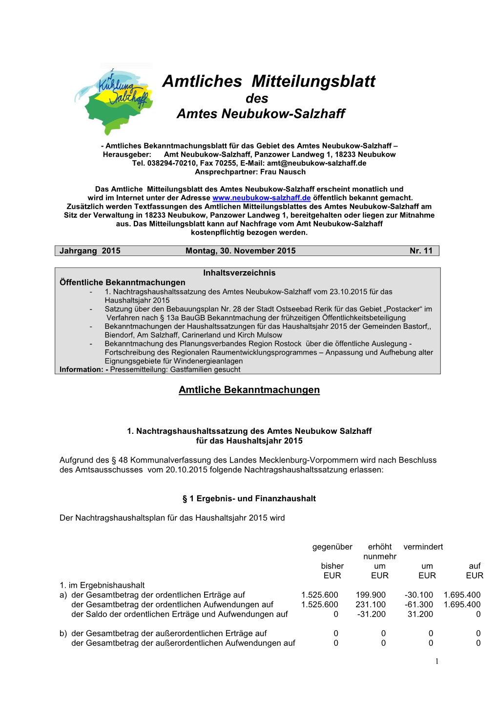 Amtliches Mitteilungsblatt Des Amtes Neubukow-Salzhaff