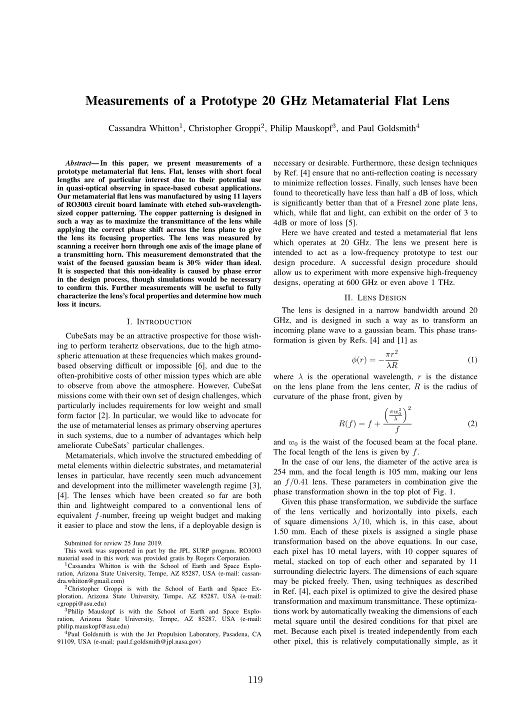 Measurements of a Prototype 20 Ghz Metamaterial Flat Lens