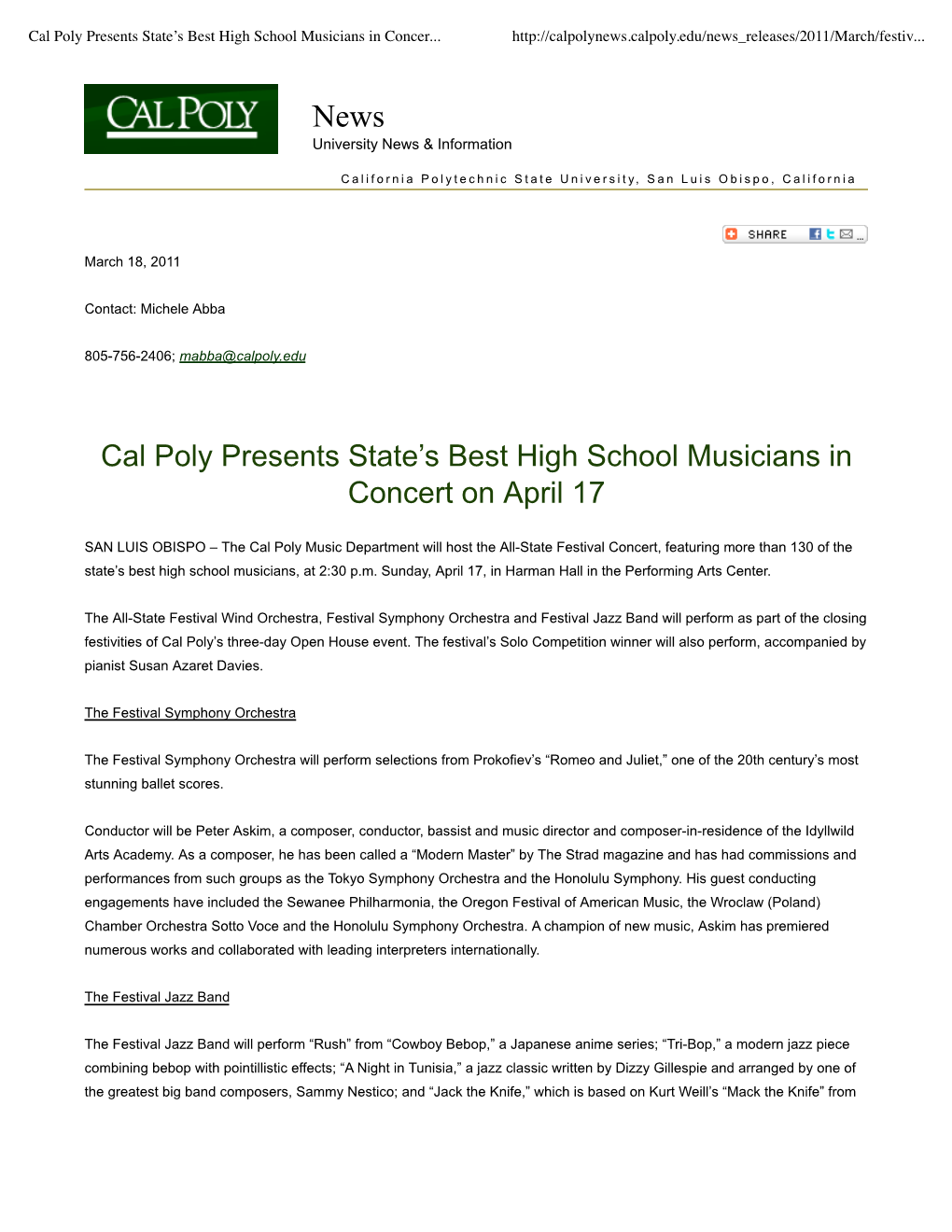 Cal Poly Presents Stateâ•Žs Best High School Musicians in Concert On