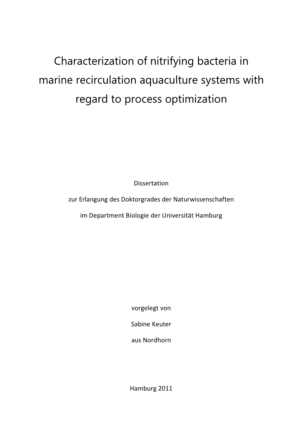 Characterization of Nitrifying Bacteria in Marine Recirculation Aquaculture Systems with Regard to Process Optimization