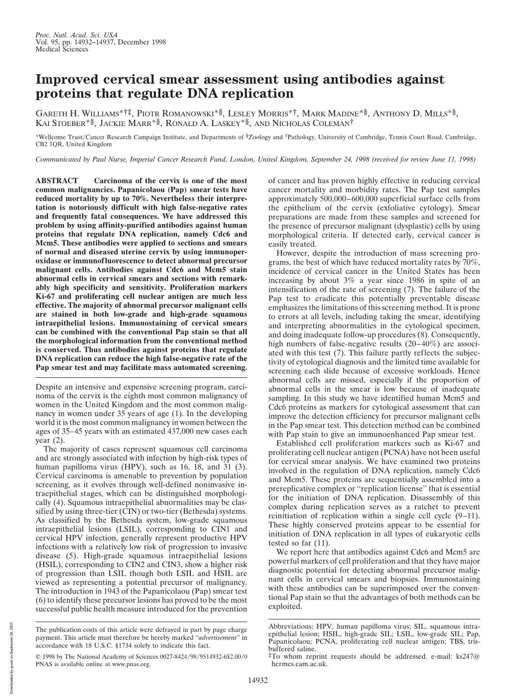 Improved Cervical Smear Assessment Using Antibodies Against Proteins That Regulate DNA Replication