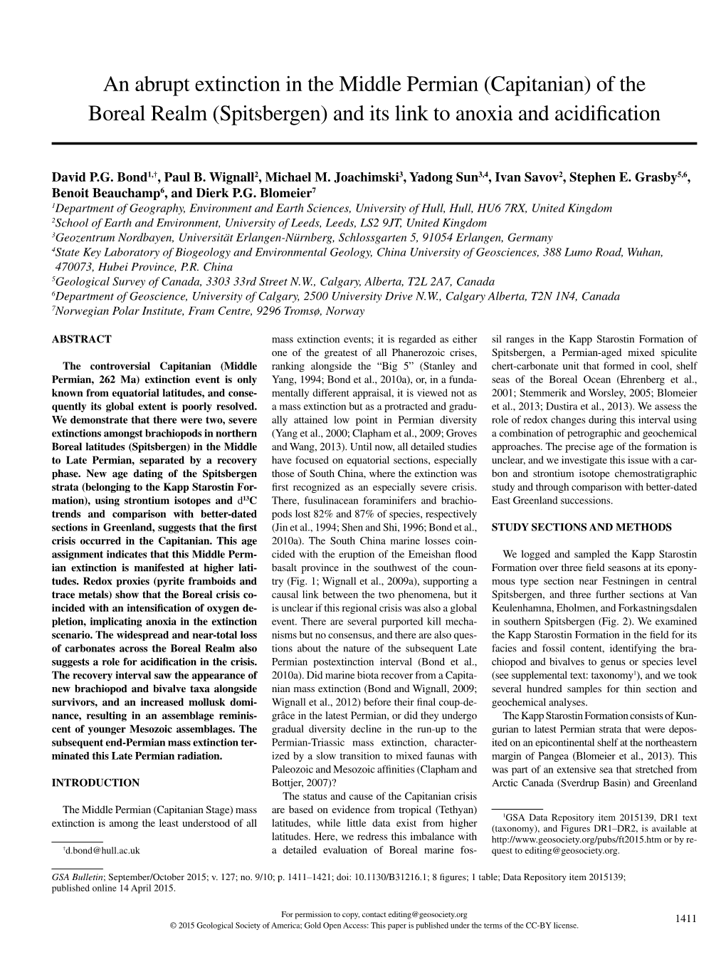 An Abrupt Extinction in the Middle Permian (Capitanian) of the Boreal Realm (Spitsbergen) and Its Link to Anoxia and Acidification