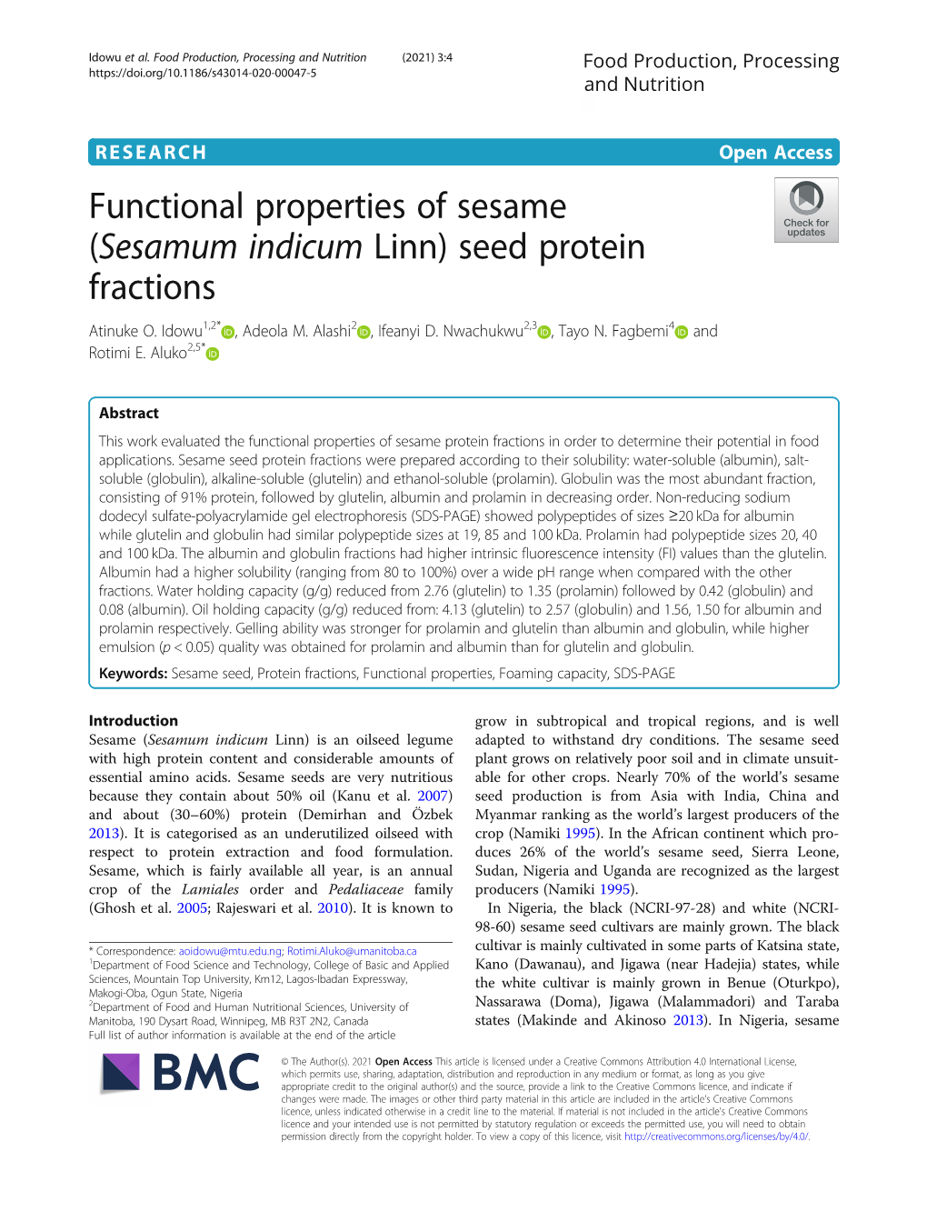 Functional Properties of Sesame (Sesamum Indicum Linn) Seed Protein Fractions Atinuke O