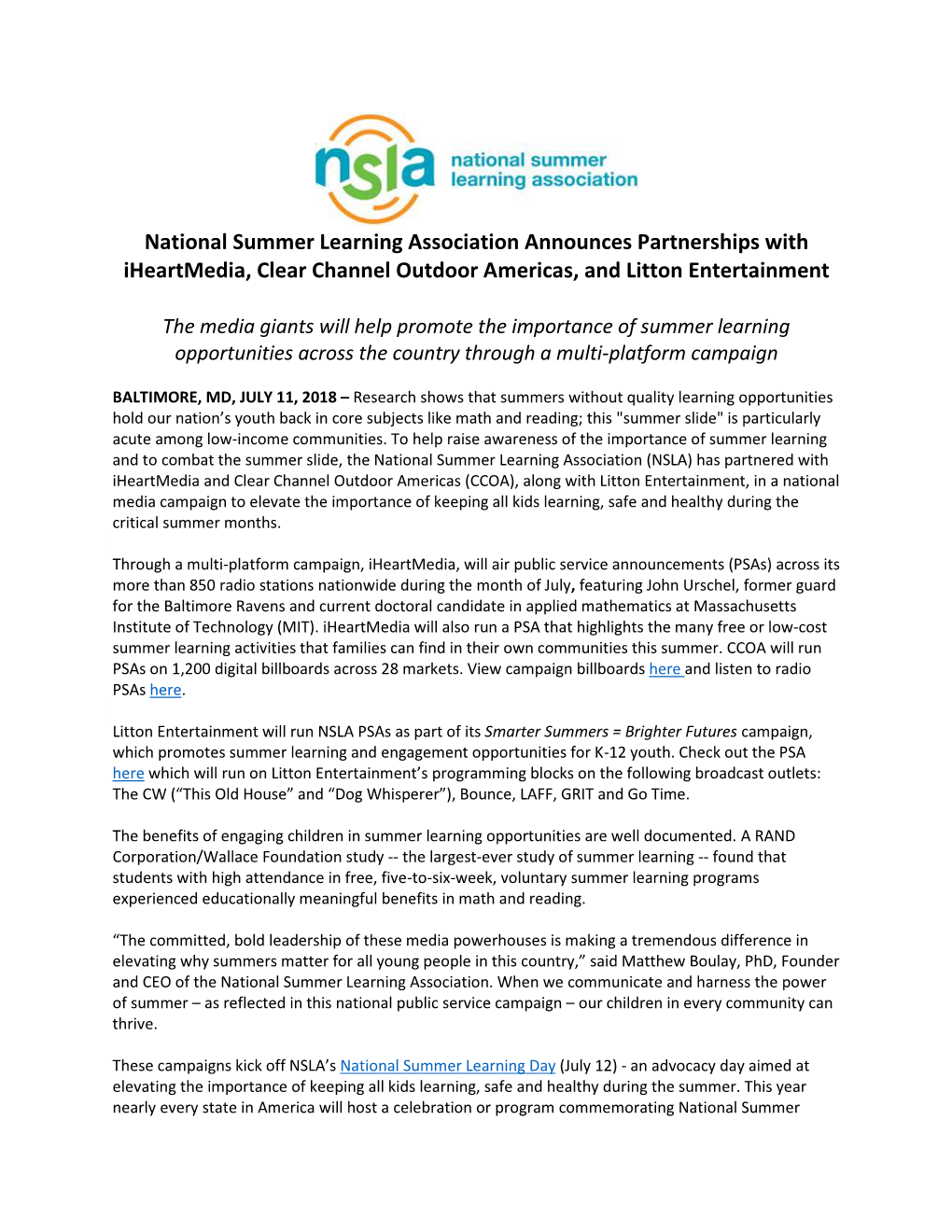 National Summer Learning Association Announces Partnerships with Iheartmedia, Clear Channel Outdoor Americas, and Litton Entertainment