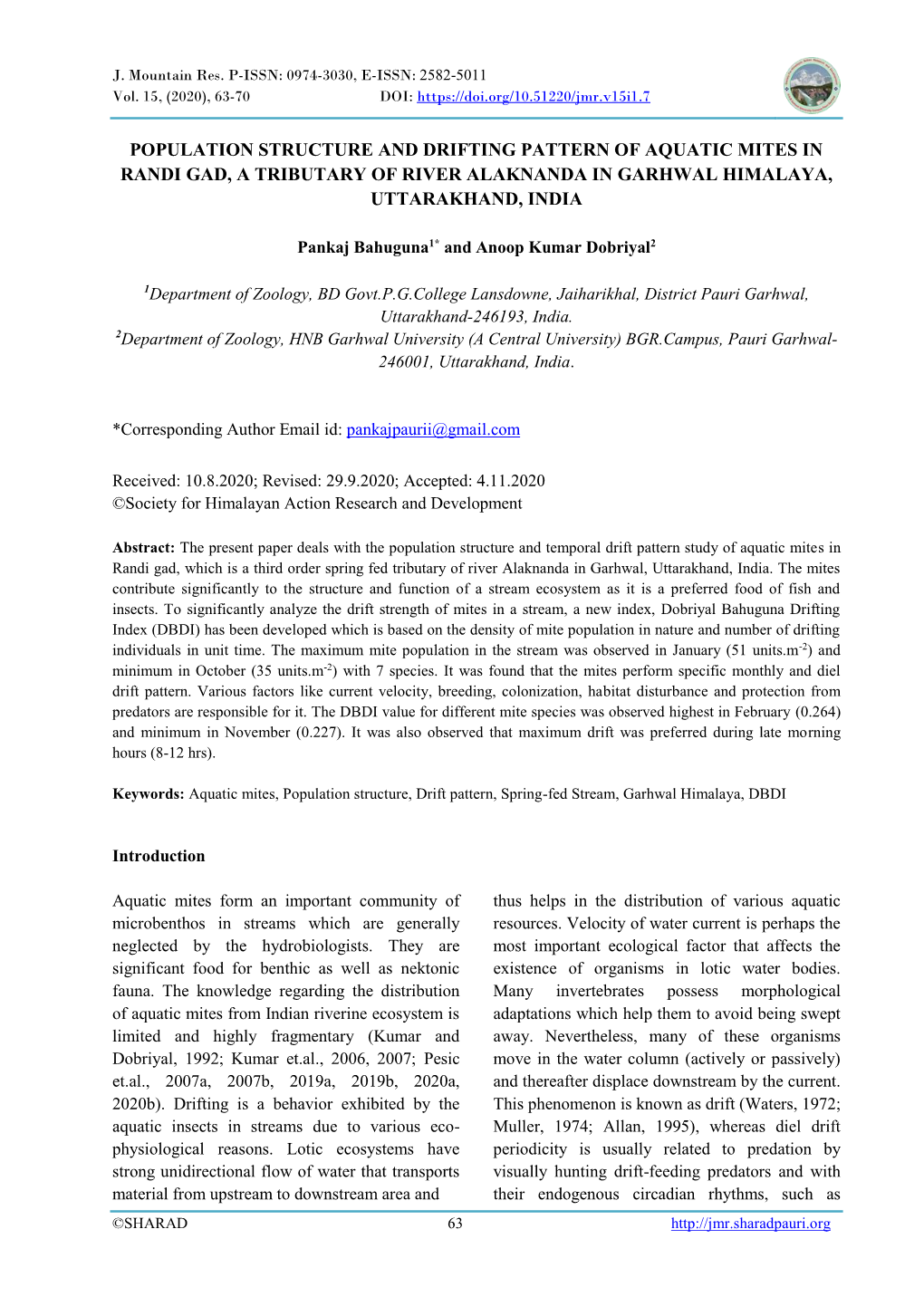 Population Structure and Drifting Pattern of Aquatic Mites in Randi Gad, a Tributary of River Alaknanda in Garhwal Himalaya, Uttarakhand, India