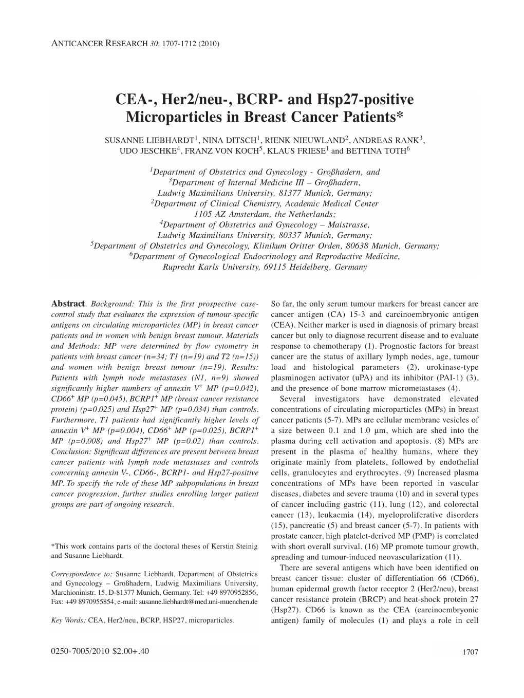 CEA-, Her2/Neu-, BCRP- and Hsp27-Positive Microparticles in Breast Cancer Patients*