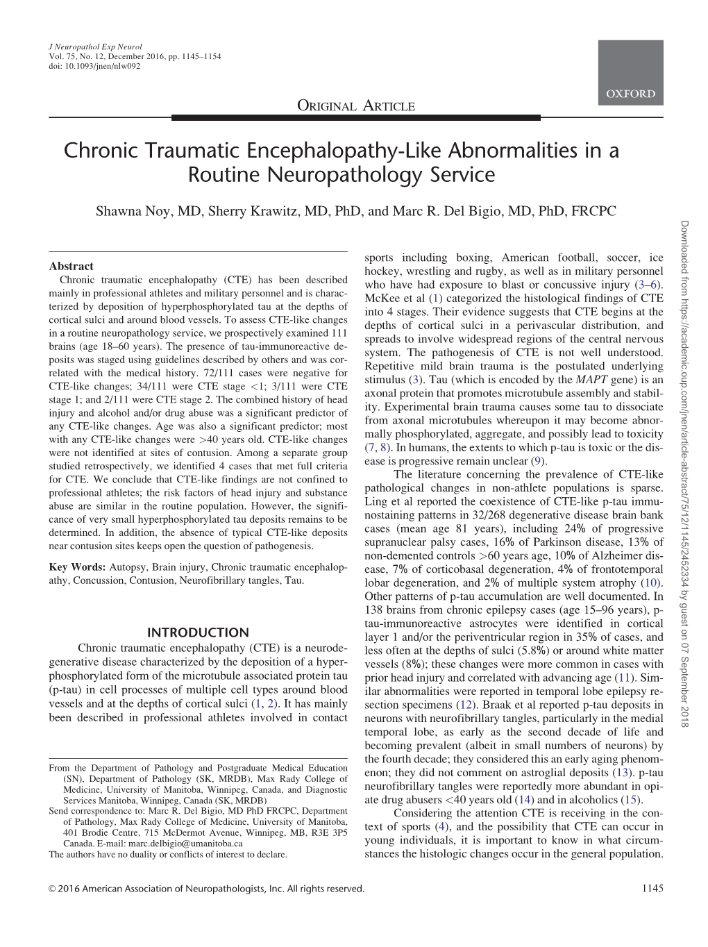 Chronic Traumatic Encephalopathy-Like Abnormalities in a Routine Neuropathology Service