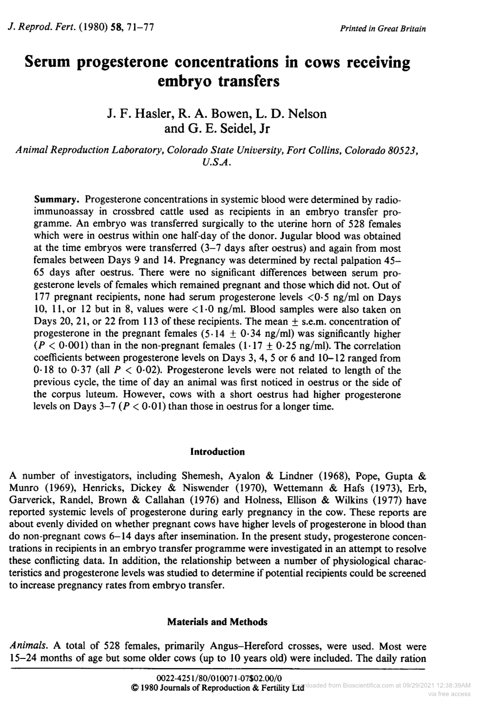 Serum Progesterone Concentrations in Cows Receiving Embryo Transfers J