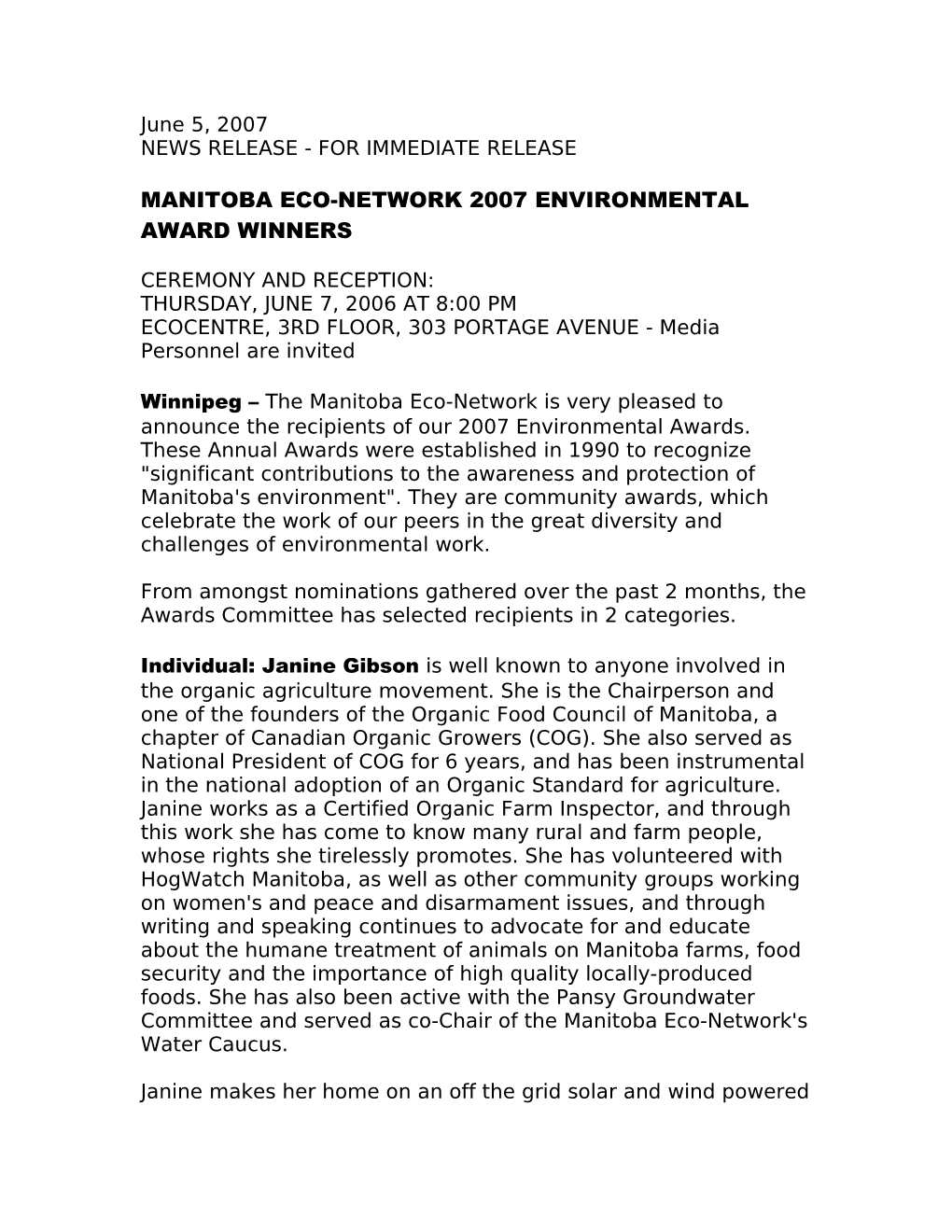 Manitoba Eco-Network 2007 Environmental Award Winners