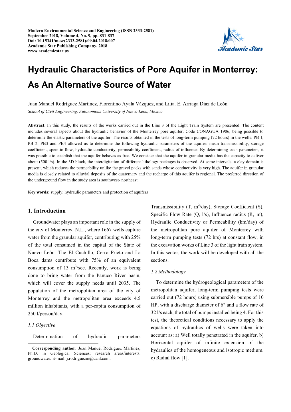 Hydraulic Characteristics of Pore Aquifer in Monterrey: As an Alternative Source of Water