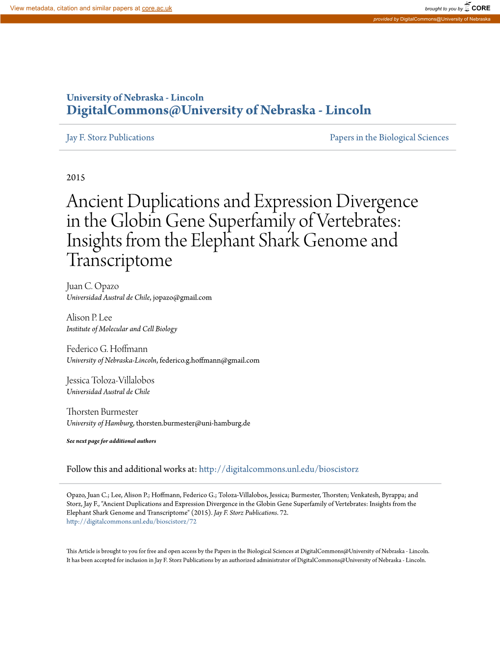Ancient Duplications and Expression Divergence in the Globin Gene Superfamily of Vertebrates: Insights from the Elephant Shark Genome and Transcriptome Juan C
