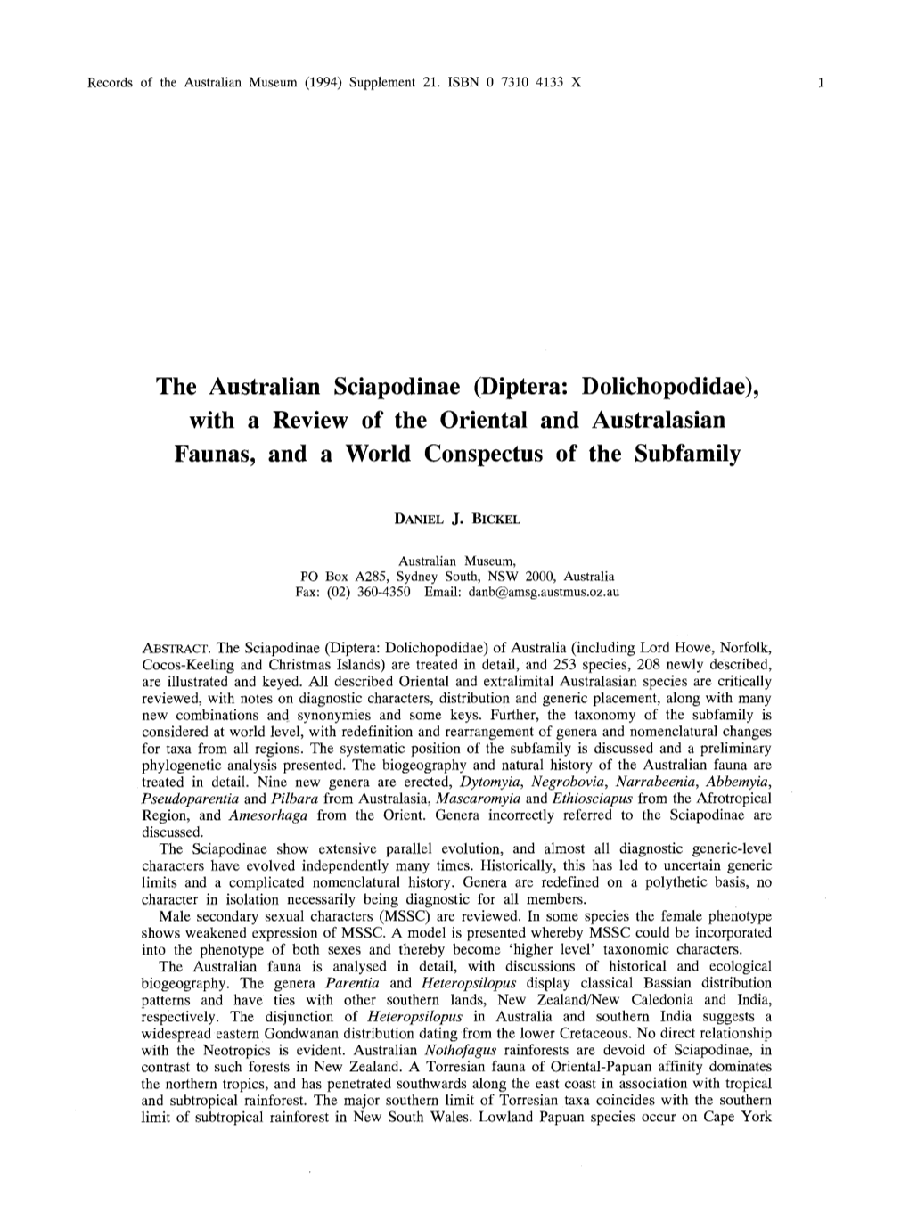 Diptera: Dolichopodidae), with a Review of the Oriental and Australasian Faunas, and a World Conspectus of the Subfamily