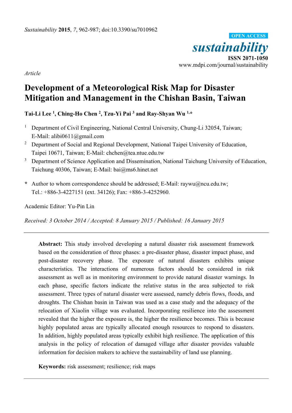 Development of a Meteorological Risk Map for Disaster Mitigation and Management in the Chishan Basin, Taiwan