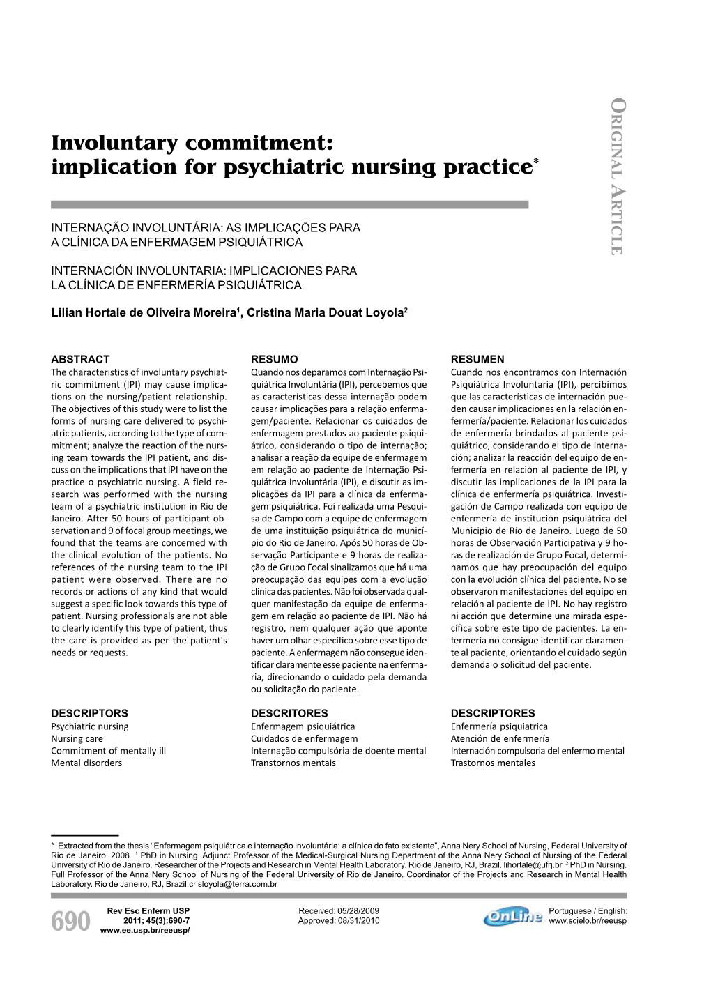 Involuntary Commitment: Implication for Psychiatric Nursing Practice* a RTICLE