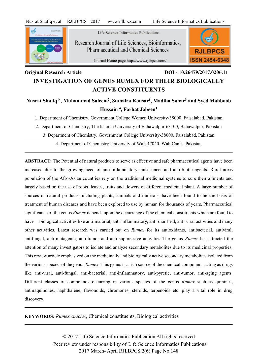 Investigation of Genus Rumex for Their Biologically Active Constituents