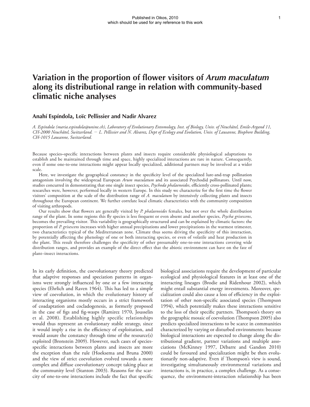 Variation in the Proportion of Flower Visitors Ofarum Maculatum Along Its Distributional Range in Relation with Community-Based Climatic Niche Analyses