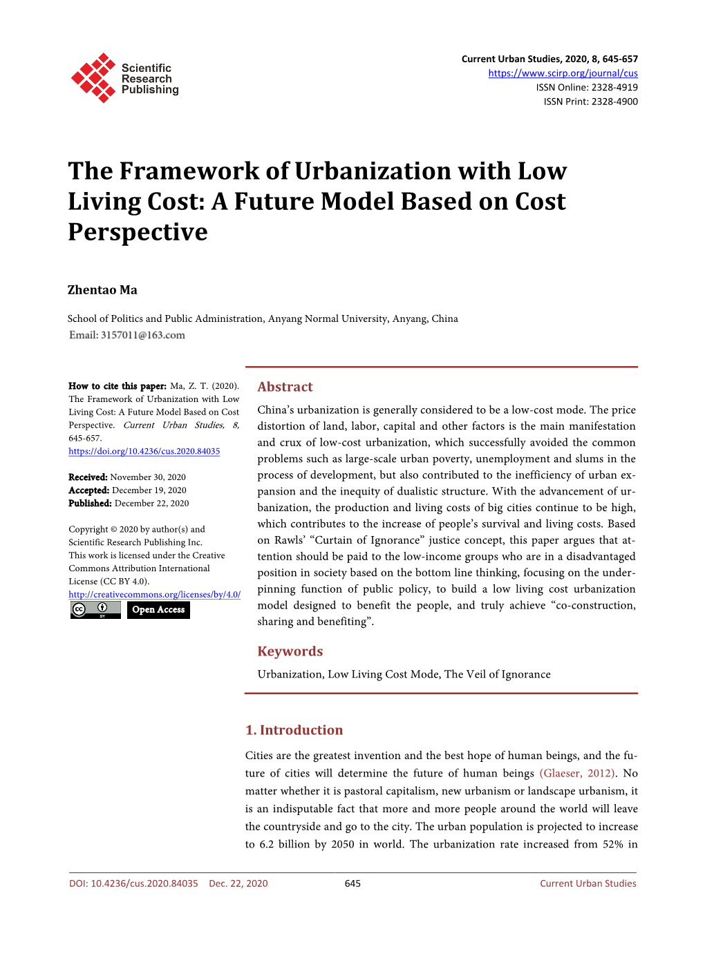 The Framework of Urbanization with Low Living Cost: a Future Model Based on Cost Perspective