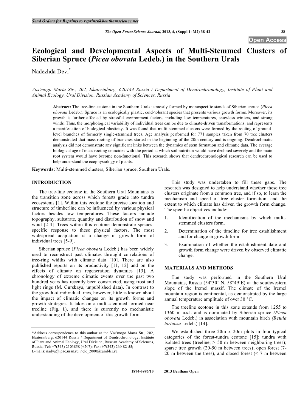 Ecological and Developmental Aspects of Multi-Stemmed Clusters of Siberian Spruce (Picea Obovata Ledeb.) in the Southern Urals Nadezhda Devi*