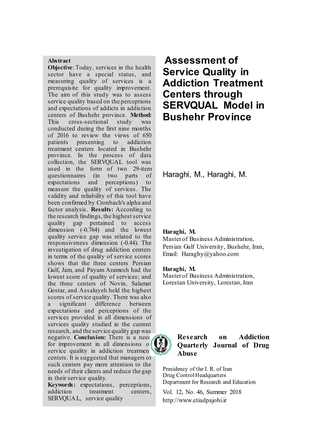 Research on Addiction Quarterly Journal of Drug Abuse