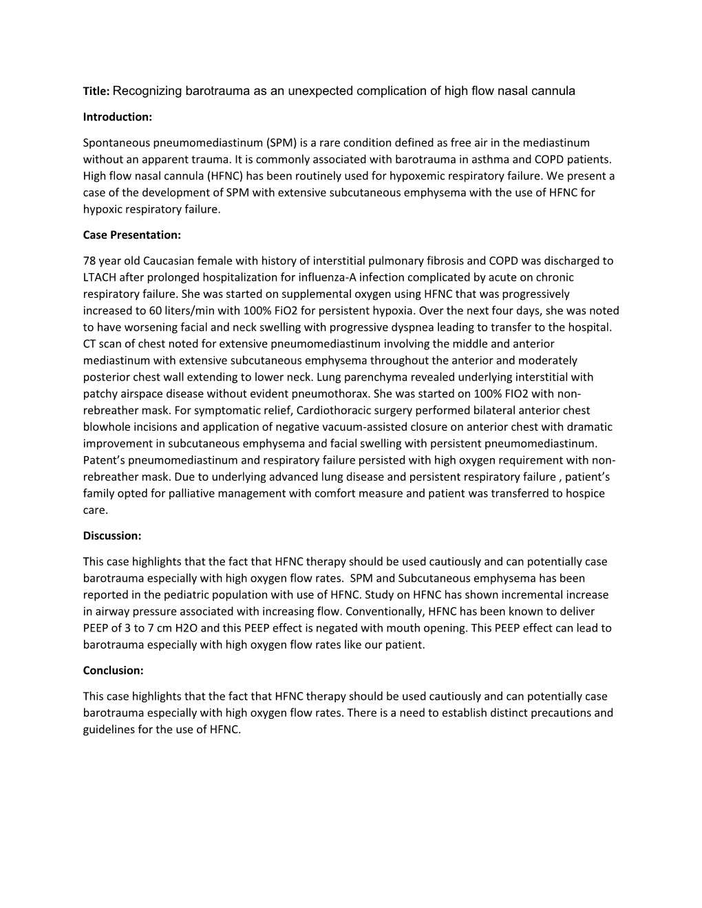 Title: Recognizing Barotrauma As an Unexpected Complication of High Flow Nasal Cannula