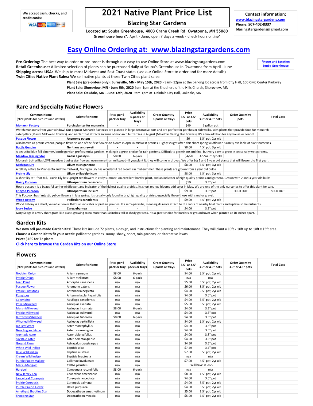 2021 Native Plant Price List