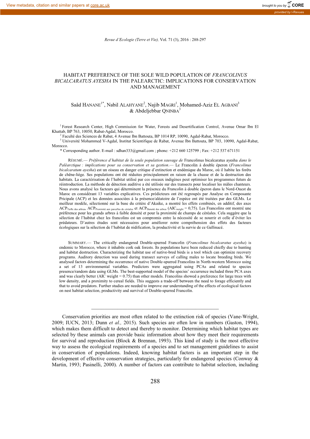 Habitat Preference of the Sole Wild Population of Francolinus Bicalcaratus Ayesha in the Palearctic: Implications for Conservation and Management