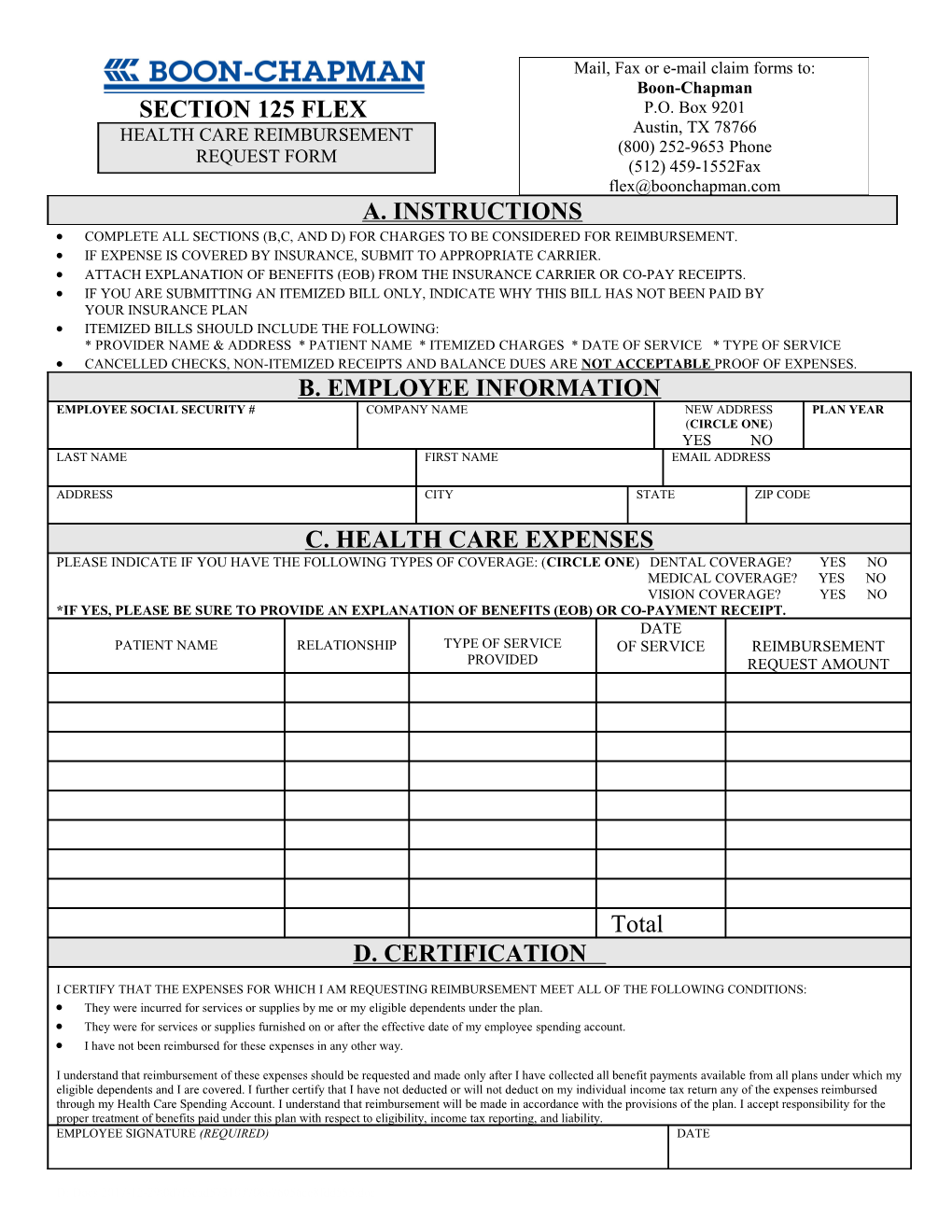 Complete All Sections (B,C, and D) for Charges to Be Considered for Reimbursement