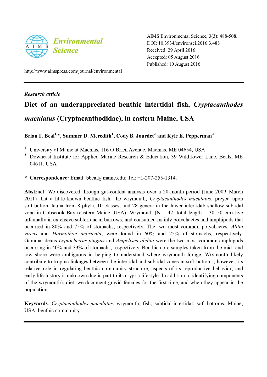 Diet of an Underappreciated Benthic Intertidal Fish, Cryptacanthodes Maculatus (Cryptacanthodidae), in Eastern Maine, USA