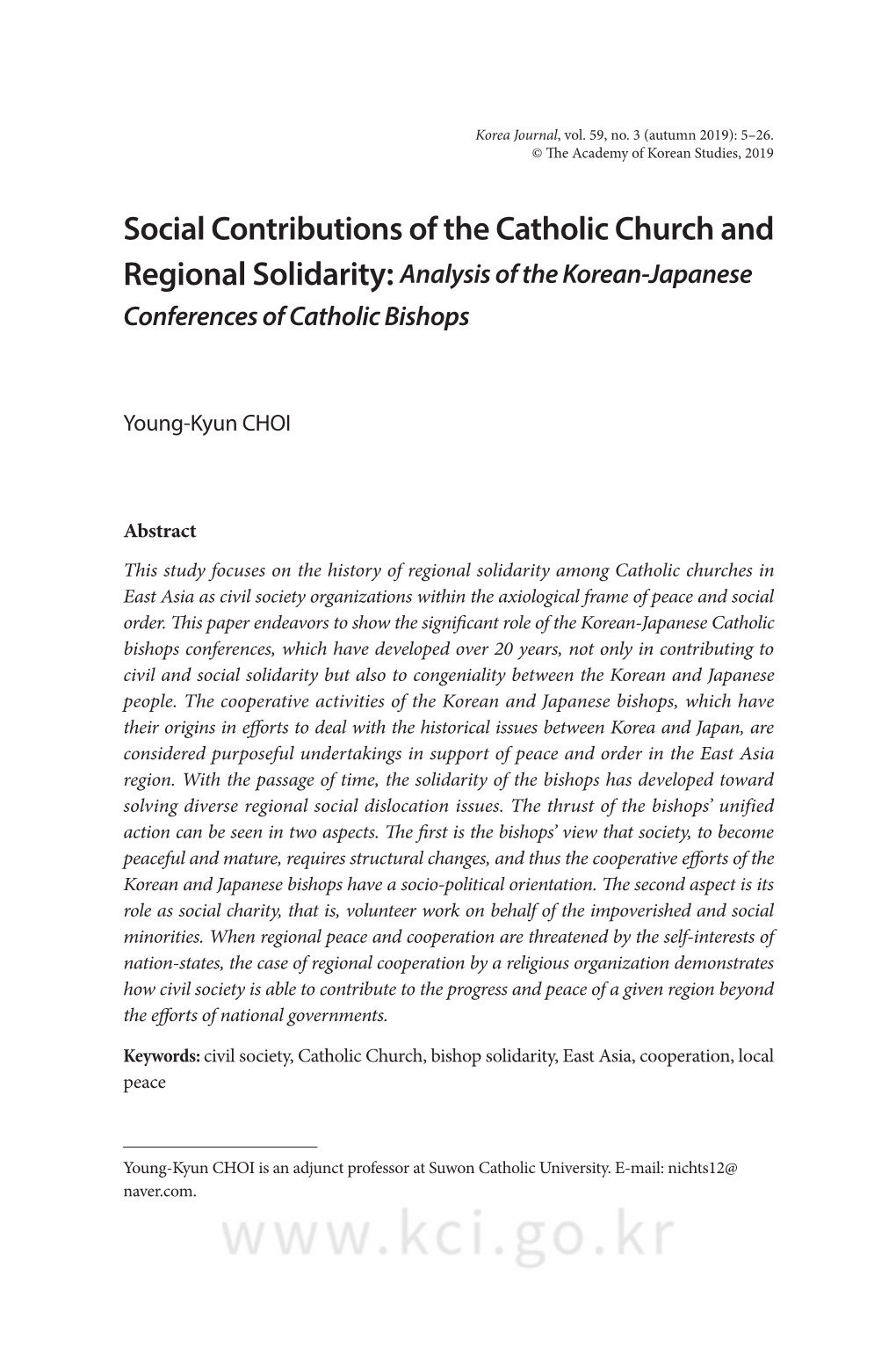 Social Contributions of the Catholic Church and Regional Solidarity: Analysis of the Korean-Japanese Conferences of Catholic Bishops