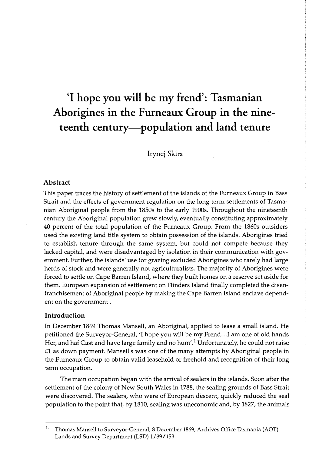 Tasmanian Aborigines in the Furneaux Group in the Nine Teenth Century—Population and Land