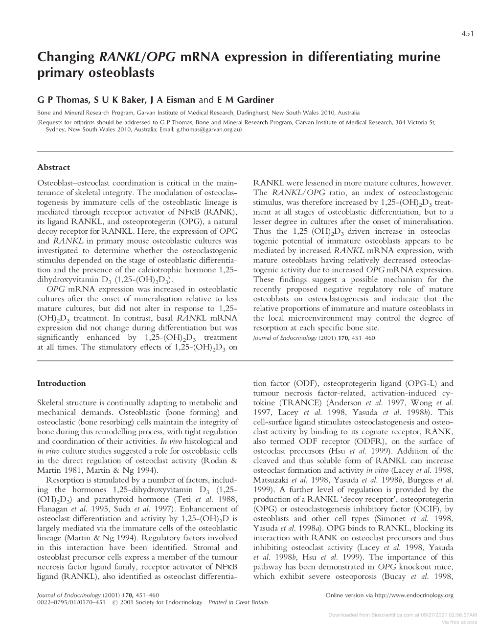 Changing RANKL/OPG Mrna Expression in Differentiating Murine Primary Osteoblasts