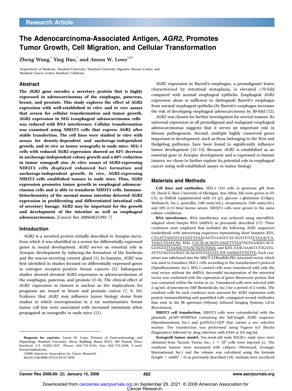 The Adenocarcinoma-Associated Antigen, AGR2, Promotes Tumor Growth, Cell Migration, and Cellular Transformation